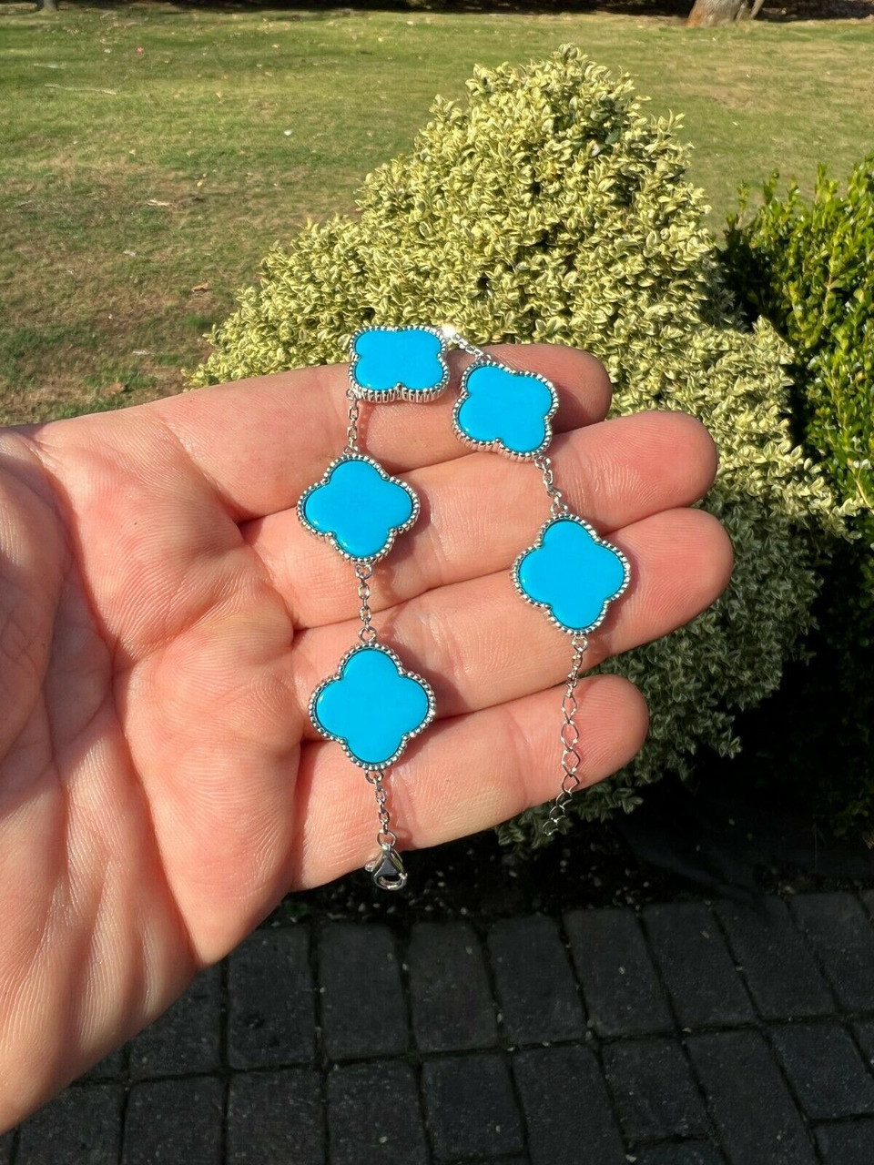Real 925 Sterling Silver Blue Turquoise Four Leaf Clover