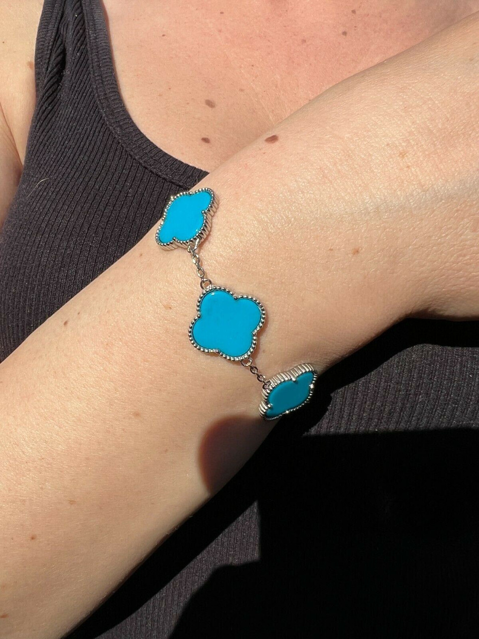 Real 925 Sterling Silver Blue Turquoise Four Leaf Clover