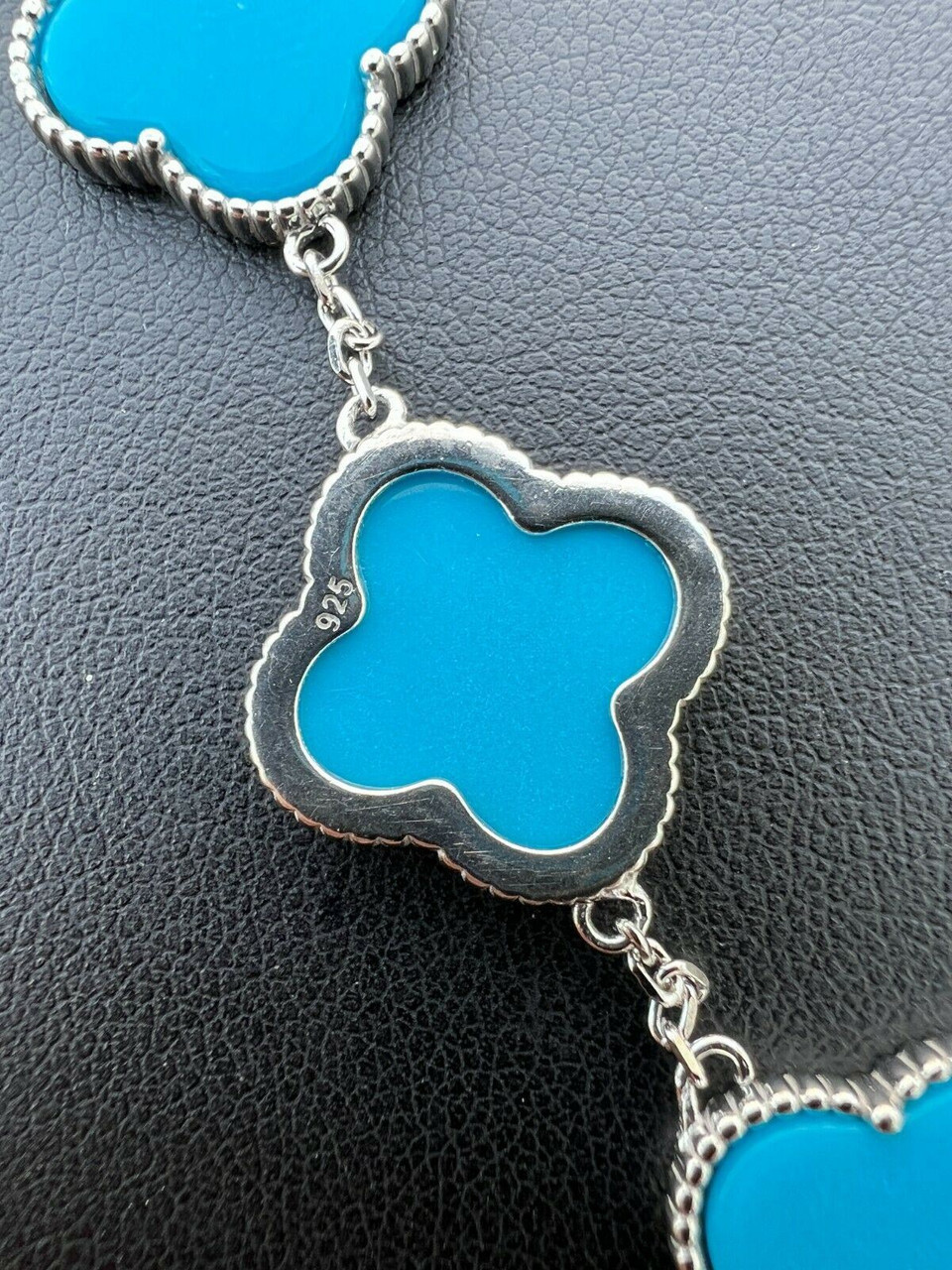 Real 925 Sterling Silver Blue Turquoise Four Leaf Clover