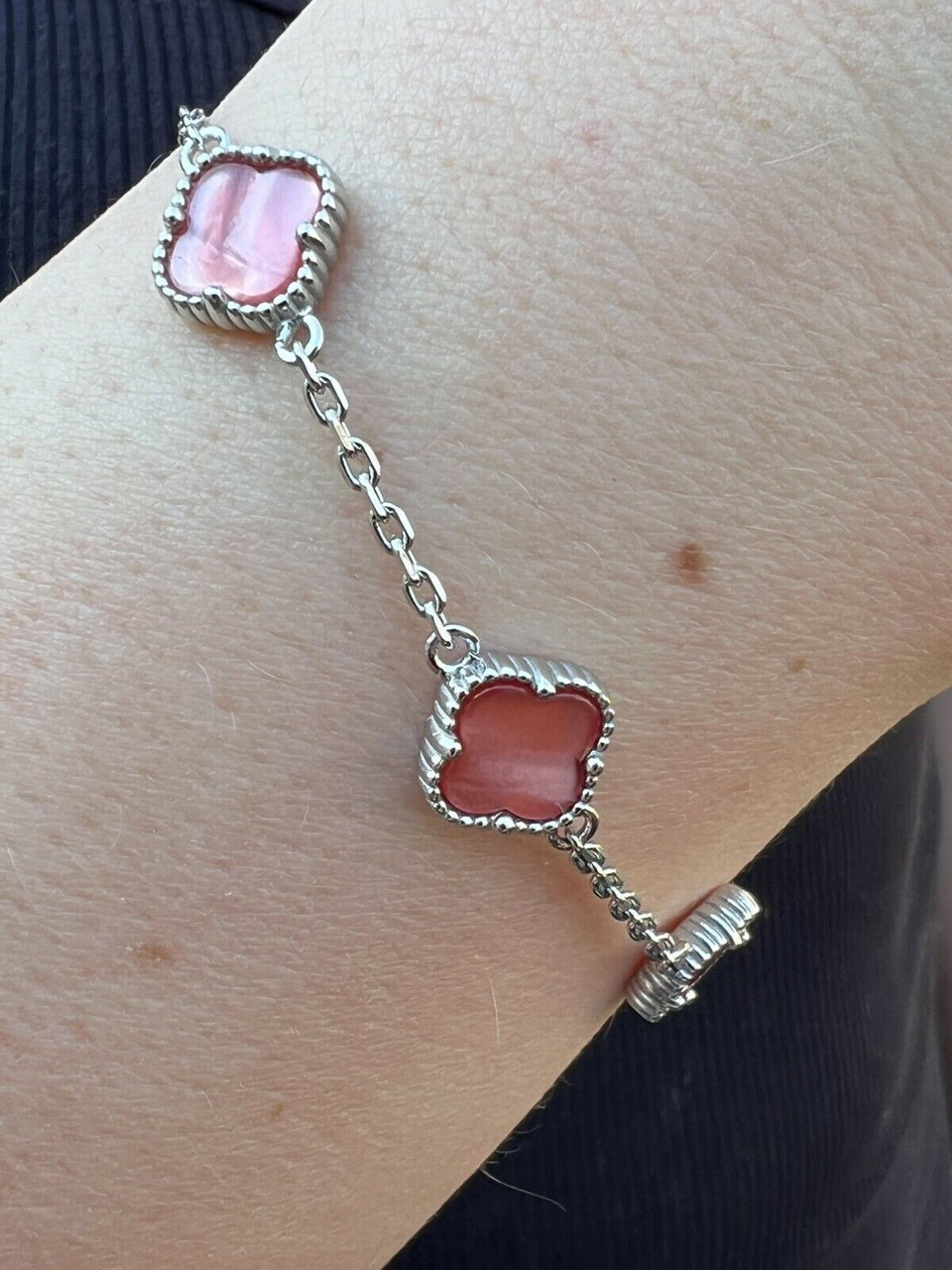 Real 925 Silver Alhambra Pink Mother Of Pearl Leaf Clover Flower