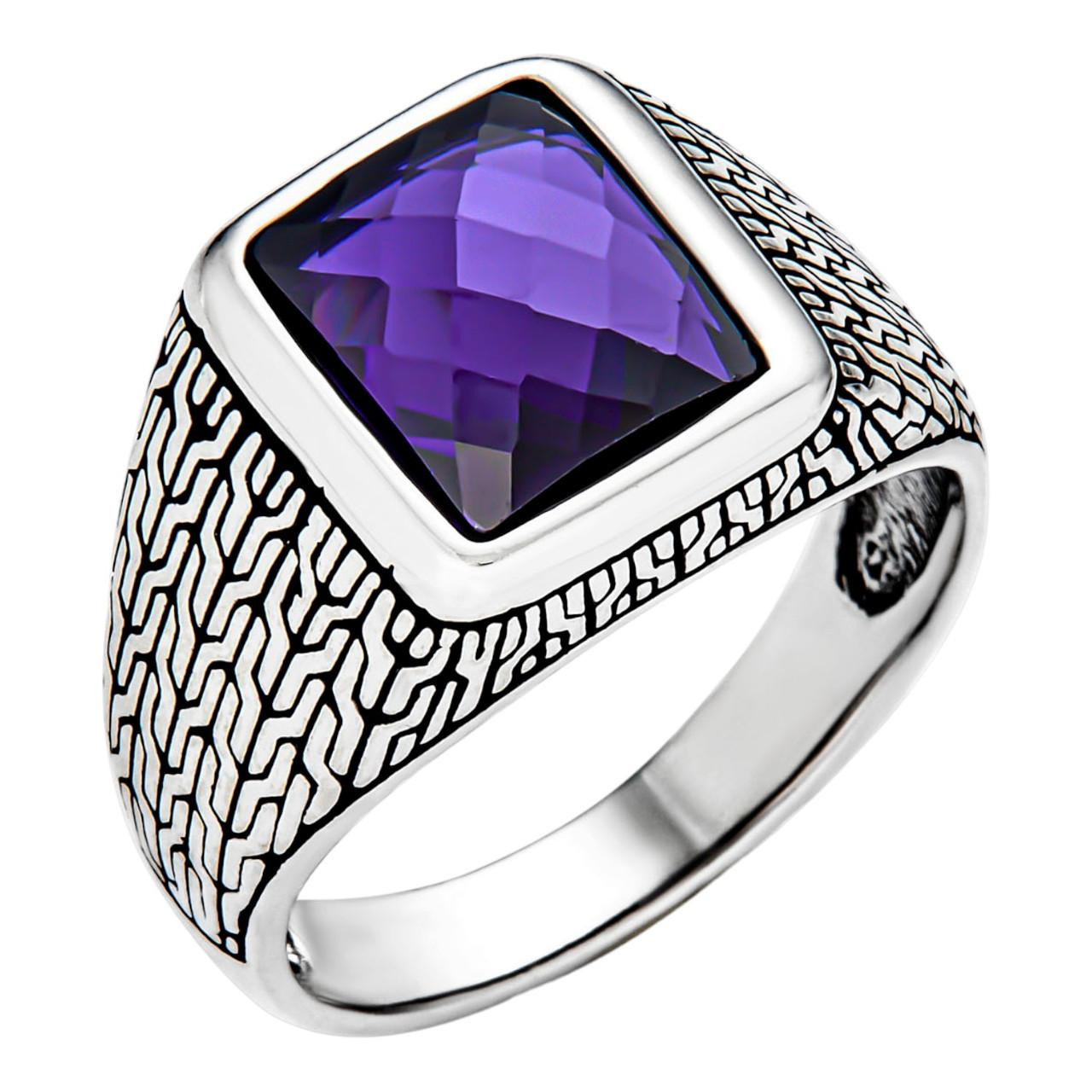 Men Real 925 Sterling Silver Simulated Purple Amethyst Gem