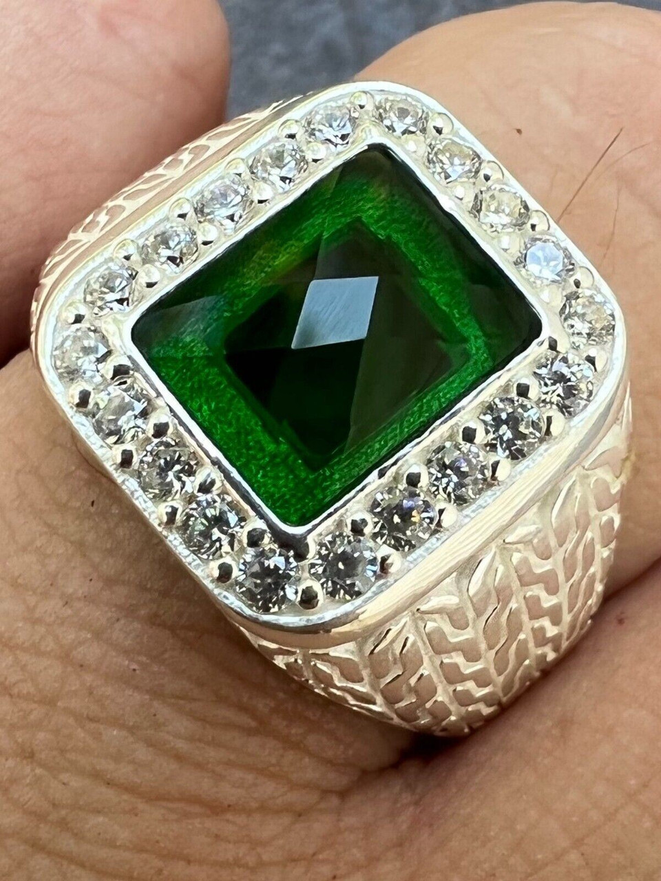 ★47bag ★ 925 Silver Green Natural Stone Ring Nelly Nelly 5 Men's Real 925 Sterling Silver Iced Simulated Green Emerald