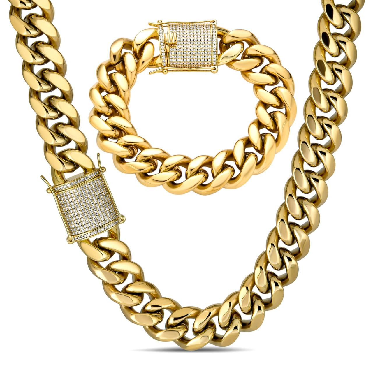 Kilo Cuban MOISSANITE CLASP Miami Cuban Link Chain Necklace Or Bracelet 14k Yellow Gold Plated Stainless Steel 7