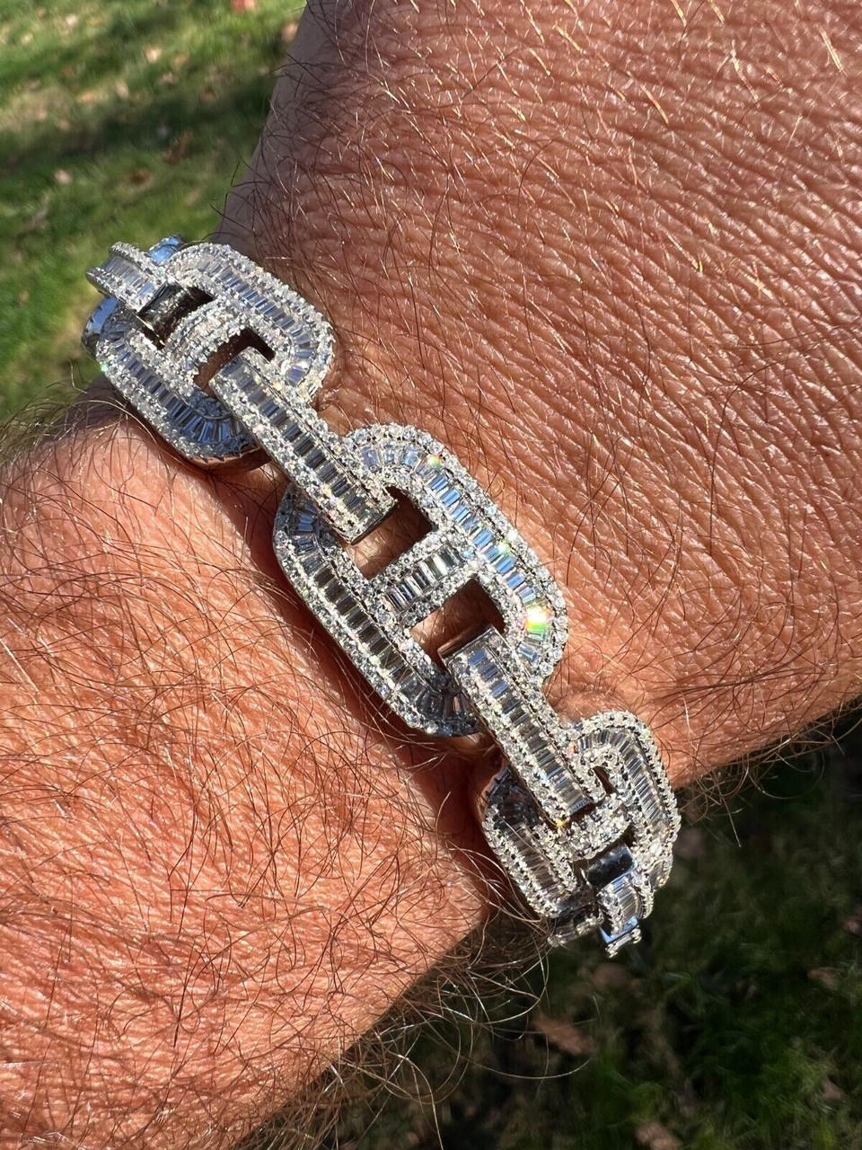 Baguette MOISSANITE Solid 925 Silver Iced Gucci Link Bracelet Pass