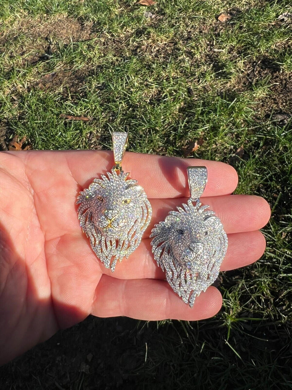 Gucci Mens Lion Necklace Crown Lion Head Pendant Silver/Gold Cuban