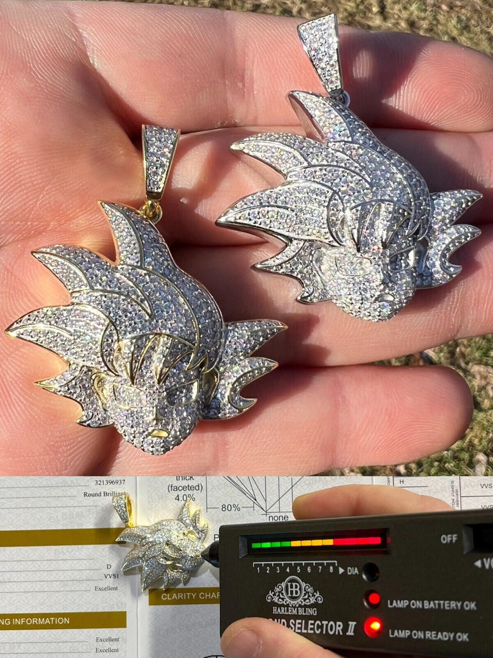 MOISSANITE Real Silver Gold Iced Goku Saiyan Dragon Ball Z