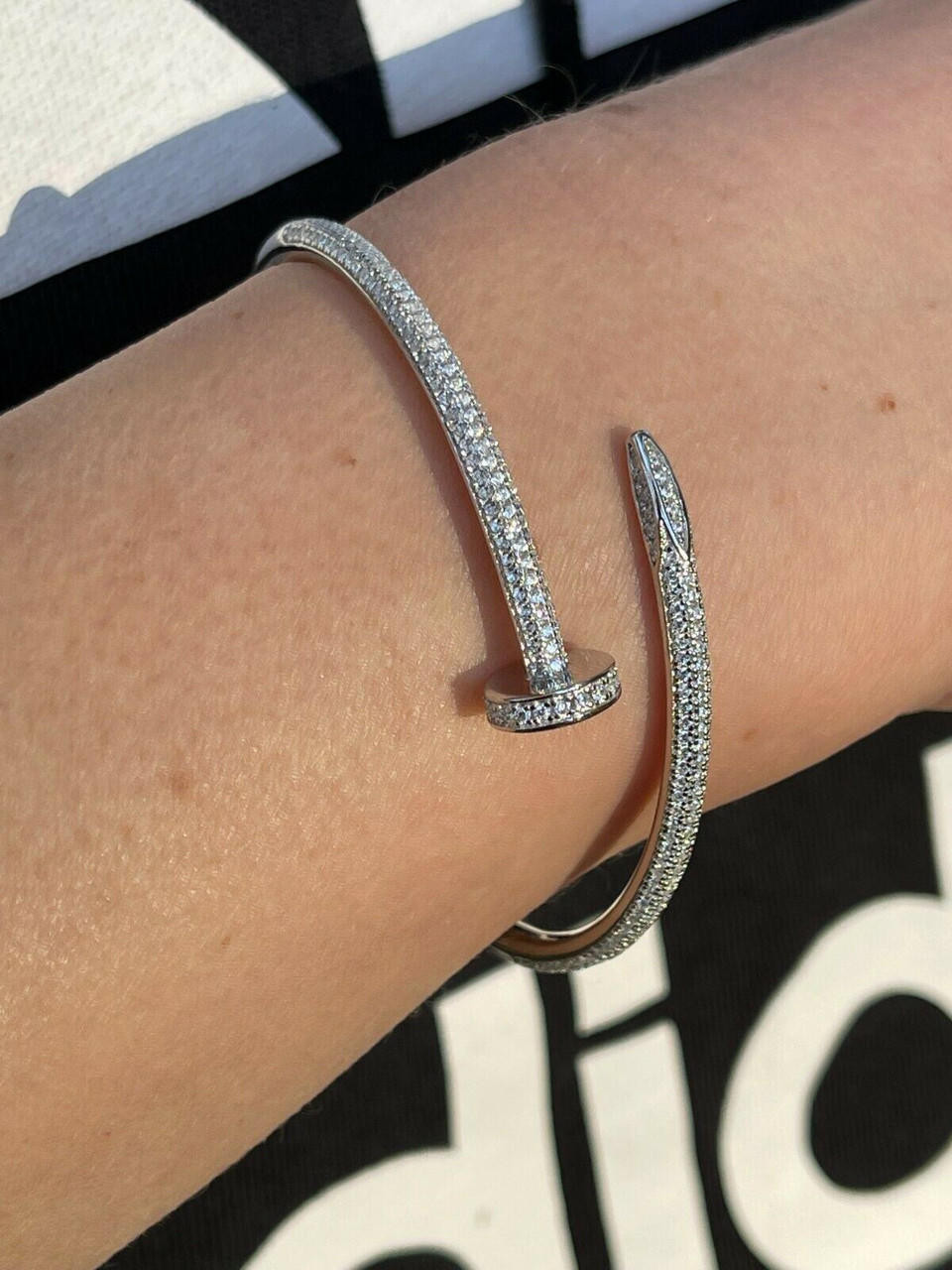 Real 925 Sterling Silver Iced Diamond Nail Bangle Bracelet 6