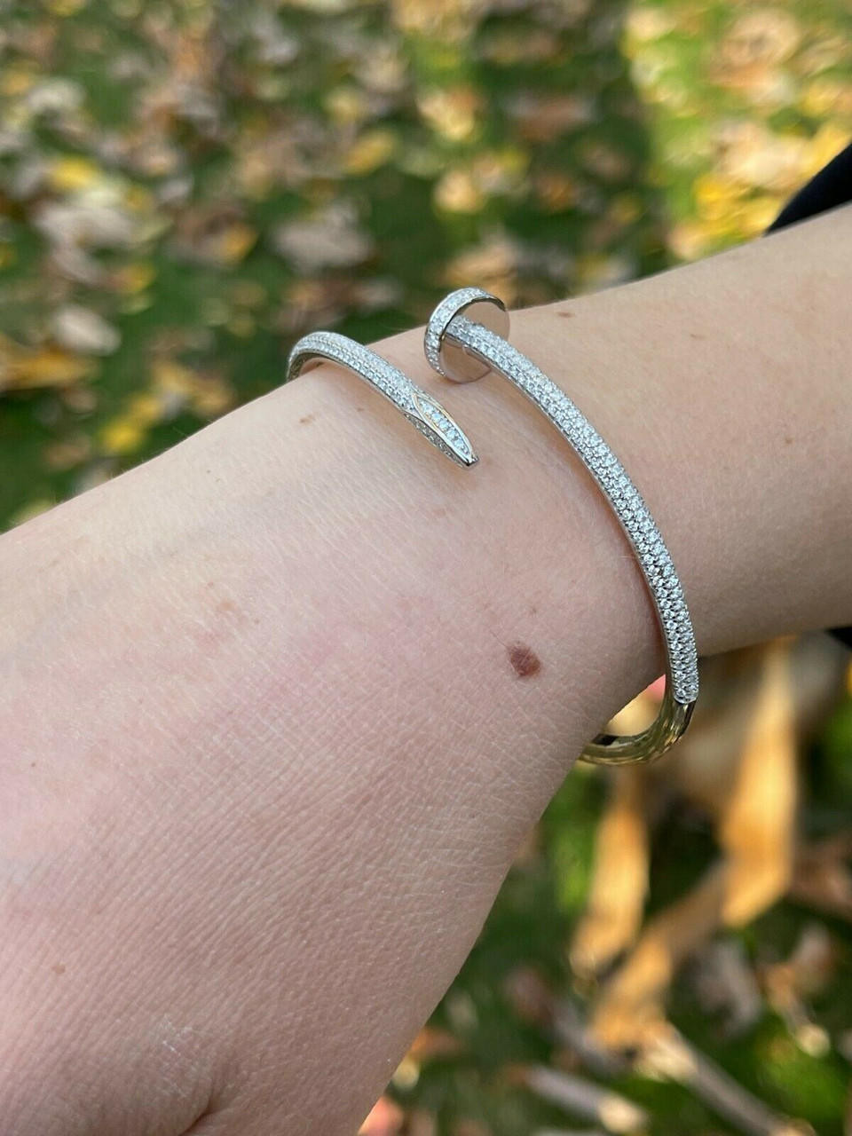Real 925 Sterling Silver Iced Diamond Nail Bangle Bracelet 6