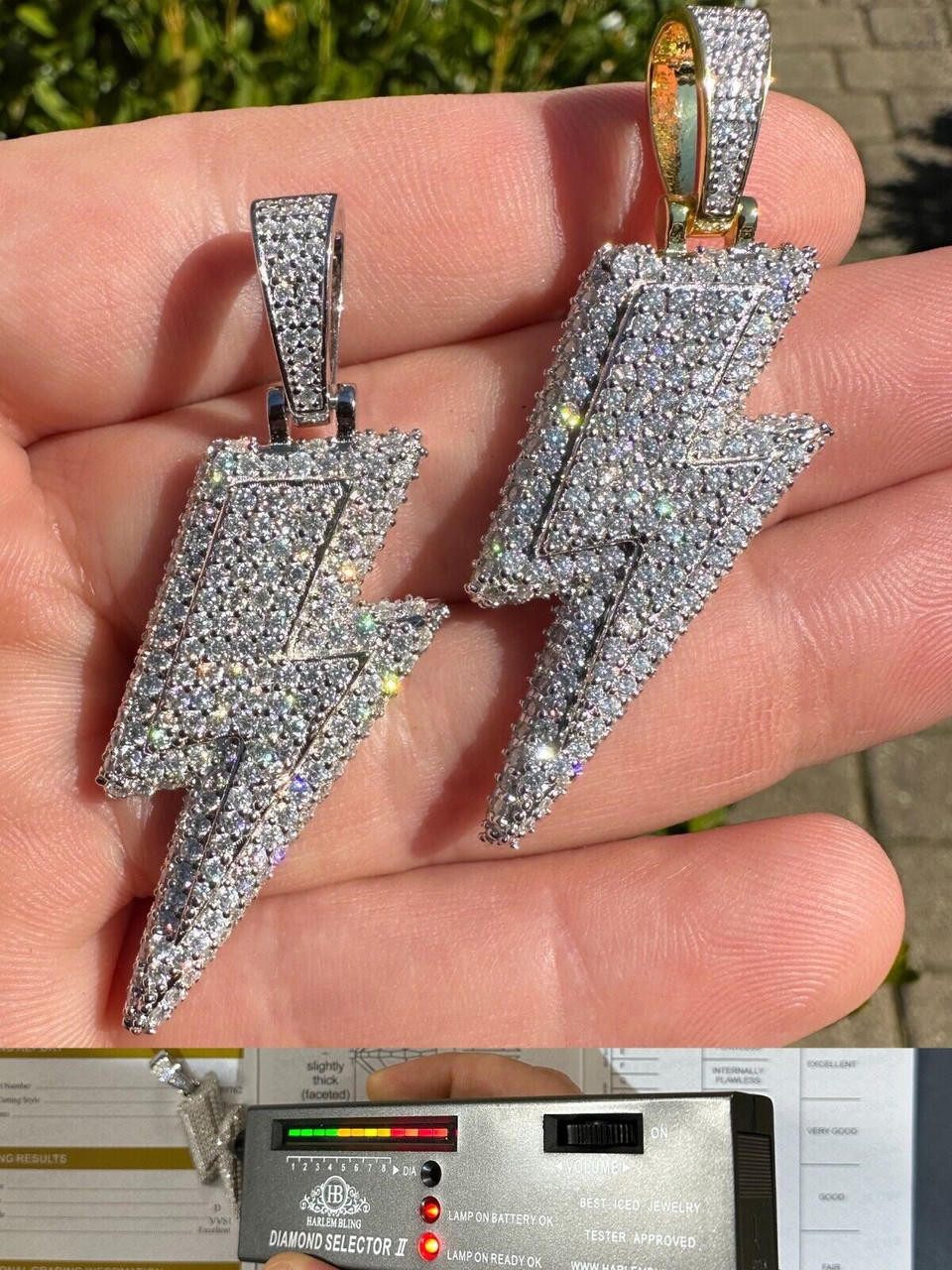 VVS MOISSANITE Iced Hip Hop Real Silver Gold Lightning Bolt