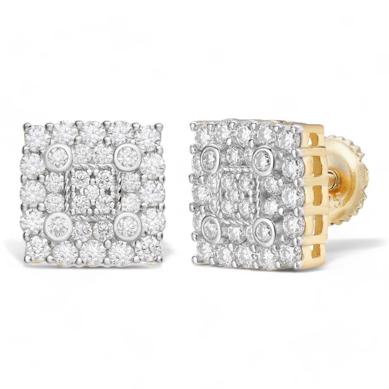 Iced Square Earrings Big 10mm Real 925 Silver 14k Gold