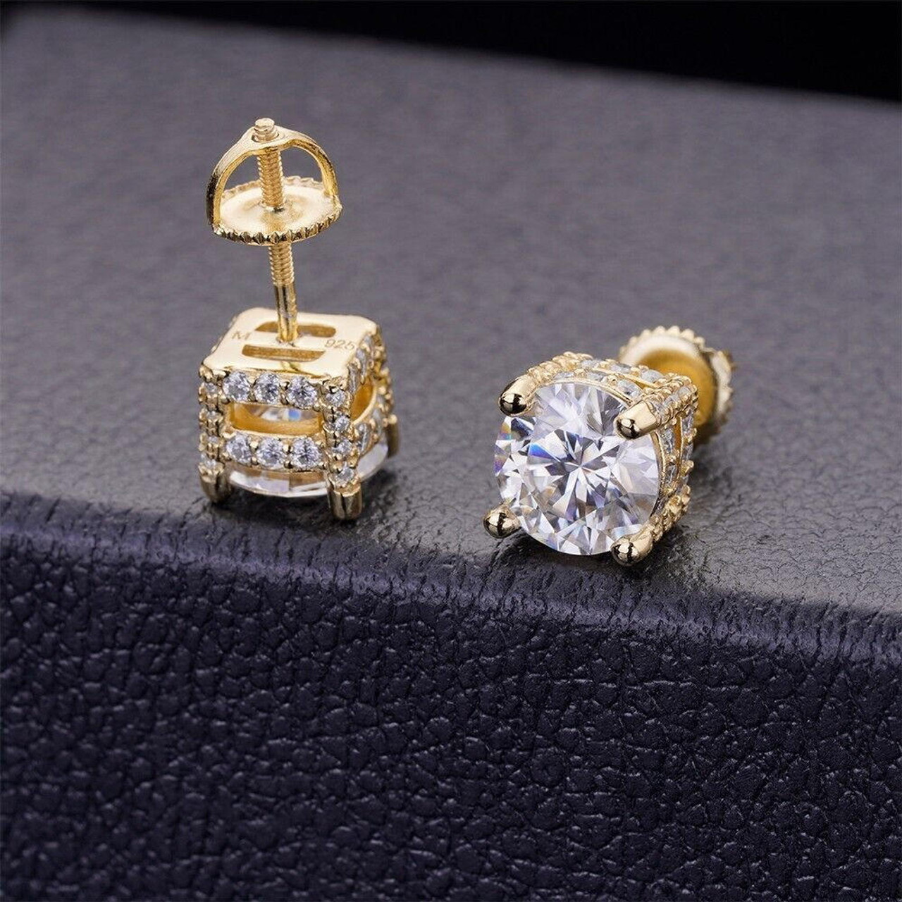 Moissanite 3D Iced Solitaire Screwback Stud Earrings Real