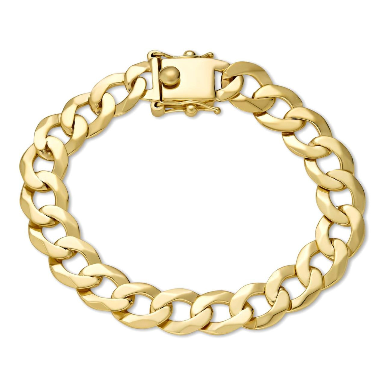Flat Curb Cuban Link Chain Bracelet Real 14k Gold Plated 925