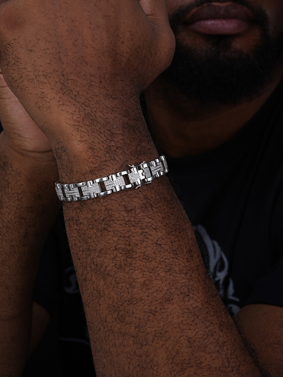 Mens 12mm Iced Hermes Link Bracelet Real 925 Sterling Silver