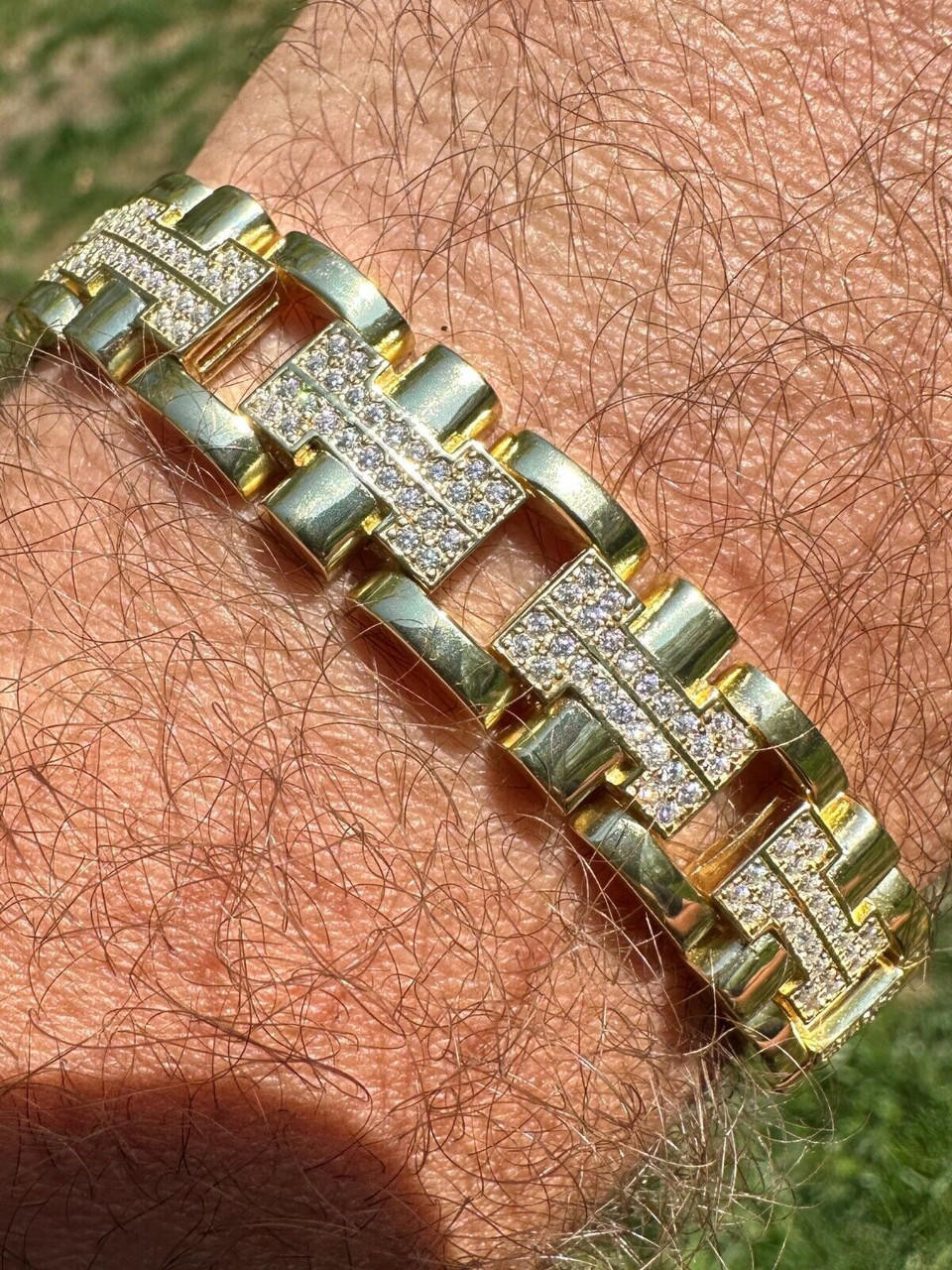 高級感*エレガント【HERMES】Jonc Rayures bracelet Mens 12mm Iced Hermes Link Bracelet Real Solid 14k Gold Over