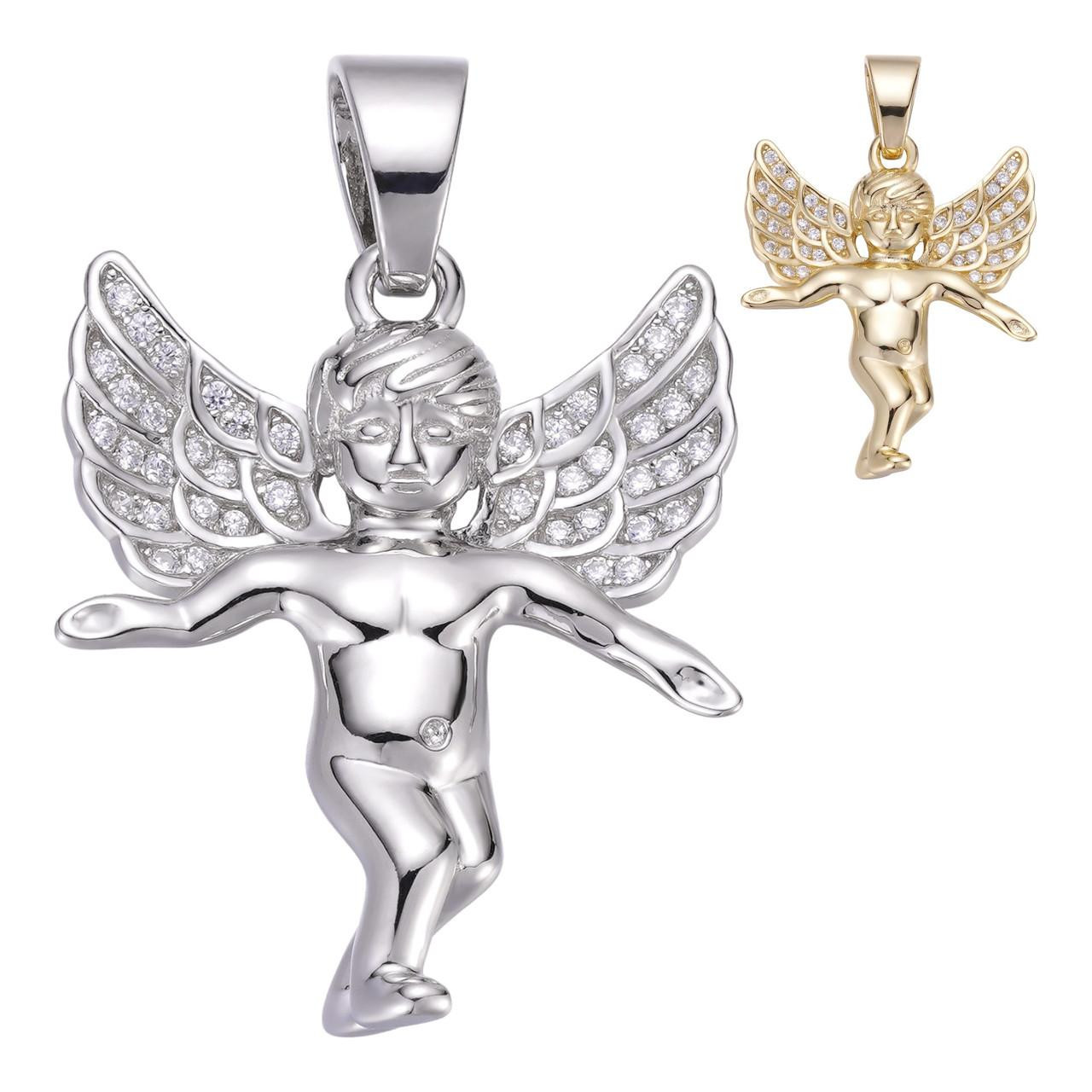 Micro Angel Pendant Iced CZ Solid 925 Silver Gold Plated