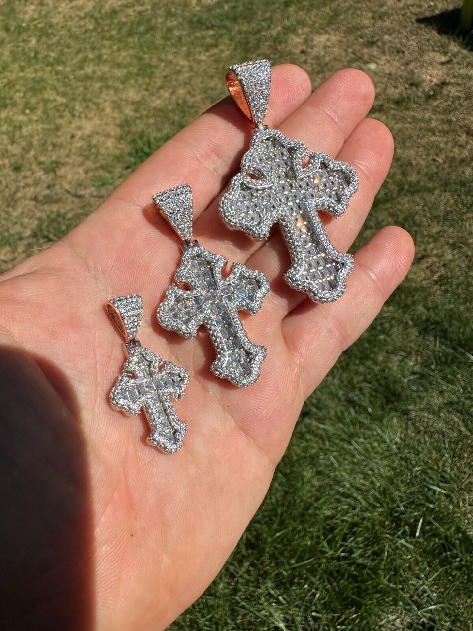 MOISSANITE Gothic Tupac Cross Pendant Baguette Necklace Rose