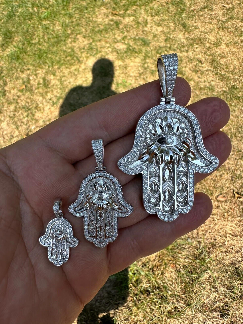 Real 925 Sterling Silver Hamsa Evil Eye Hand Iced MOISSANITE