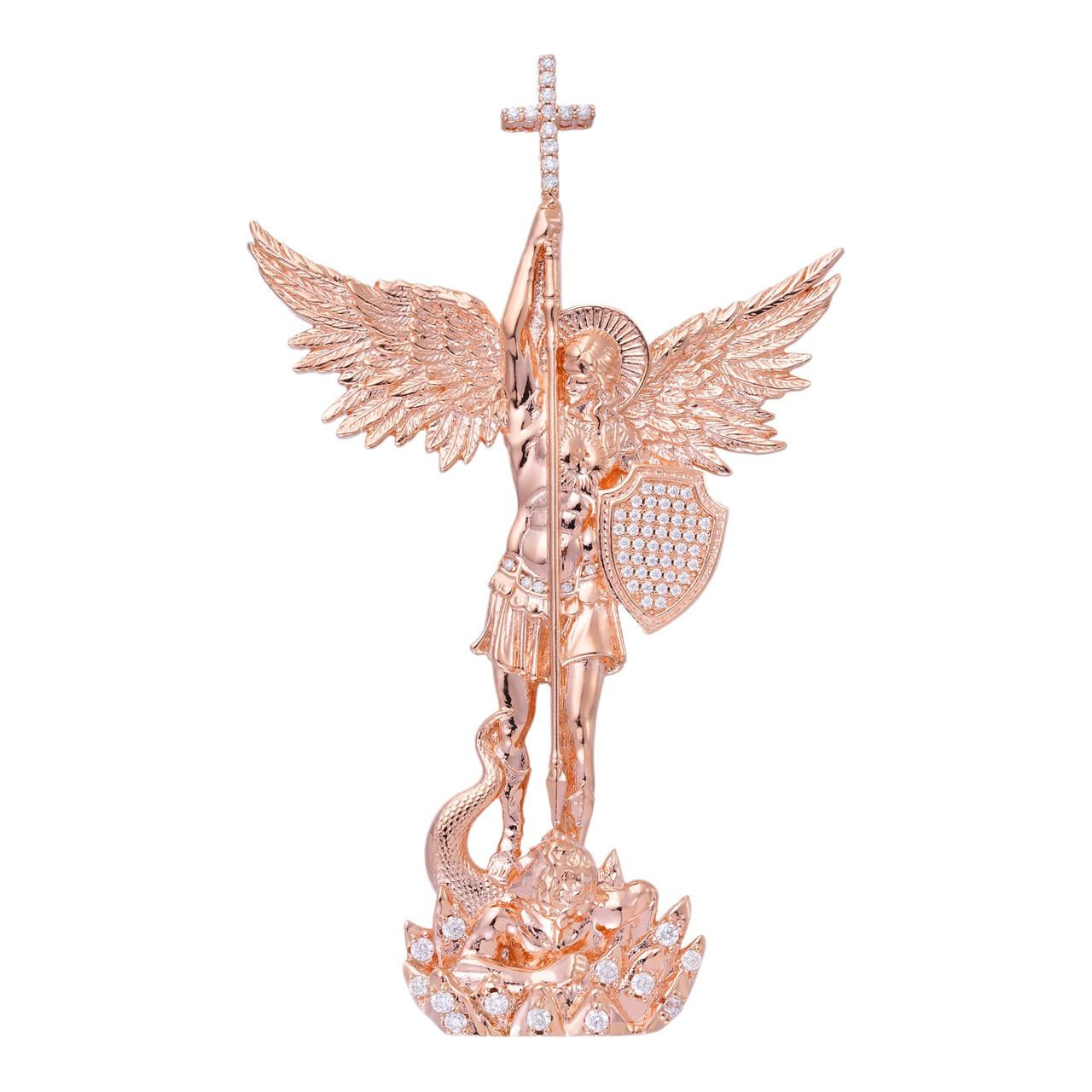Real Iced MOISSANITE Saint Michael & Dragon Pendant 14k Rose