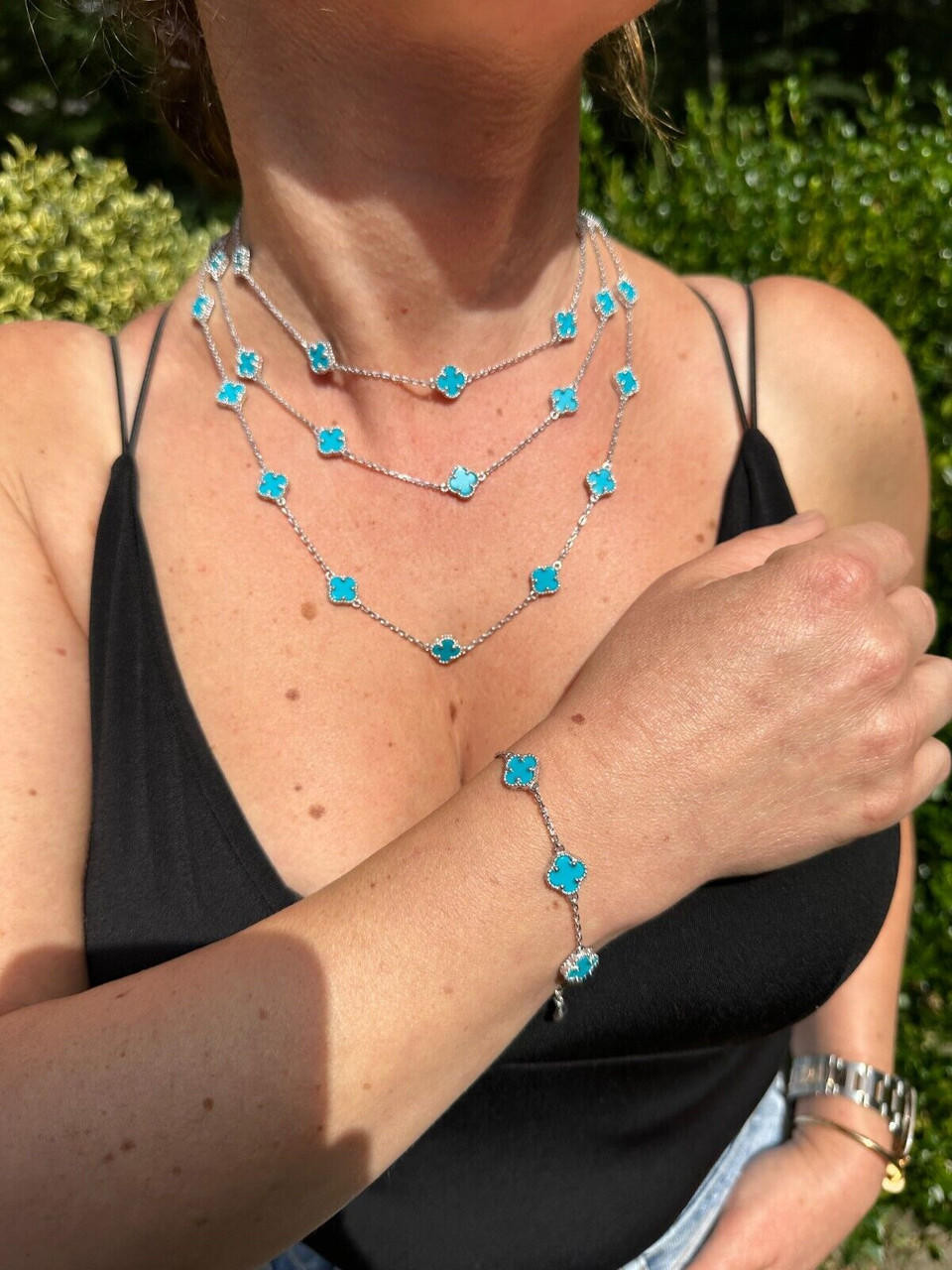 Real Clover Blue Turquoise Stone Flower 14-24