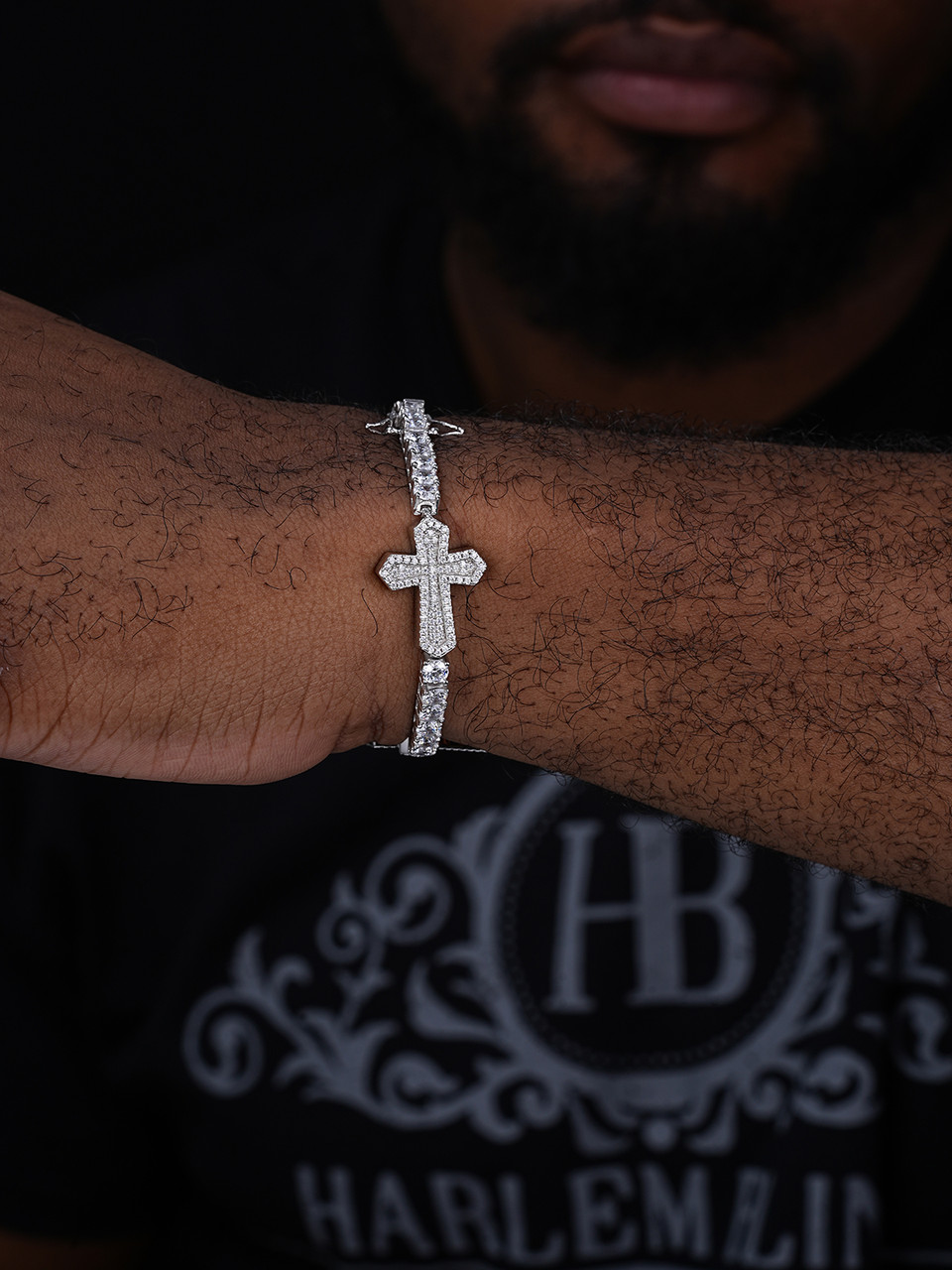 Real Solid 925 Silver Iced CZ Cross Shape Tennis Bracelet Mens