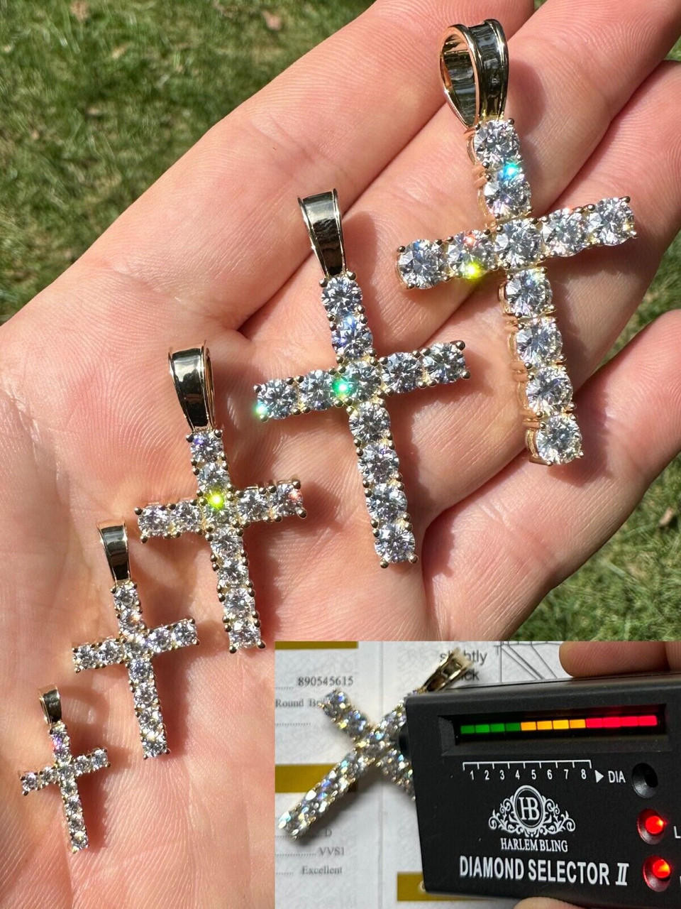 Real MOISSANITE Solid 10k Yellow Gold Iced Tennis Cross Pendant