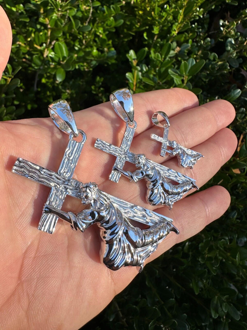 Jesus Carrying Cross Plain Crucifix Pendant Necklace 925 Sterling