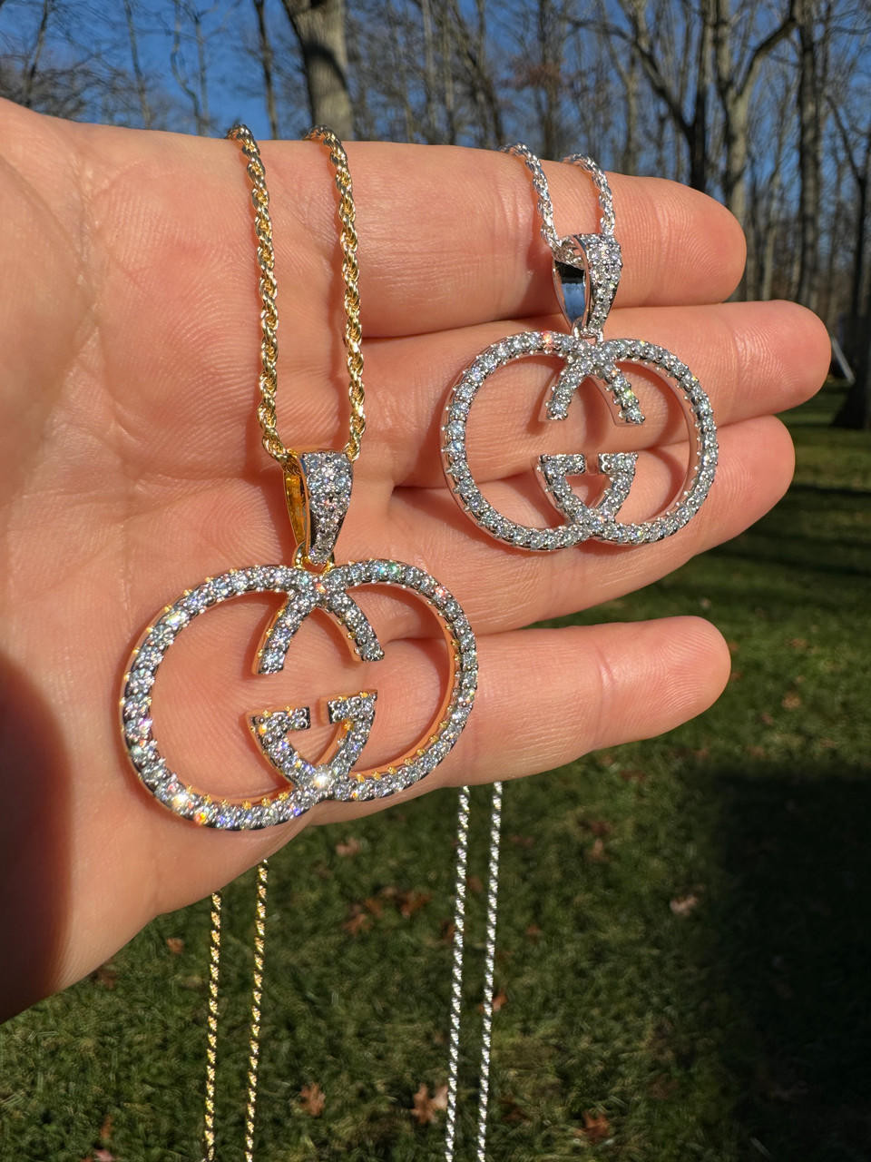 Gucci Logo Iced Out MOISSANITE Real 925 Silver Gold Hip Hop