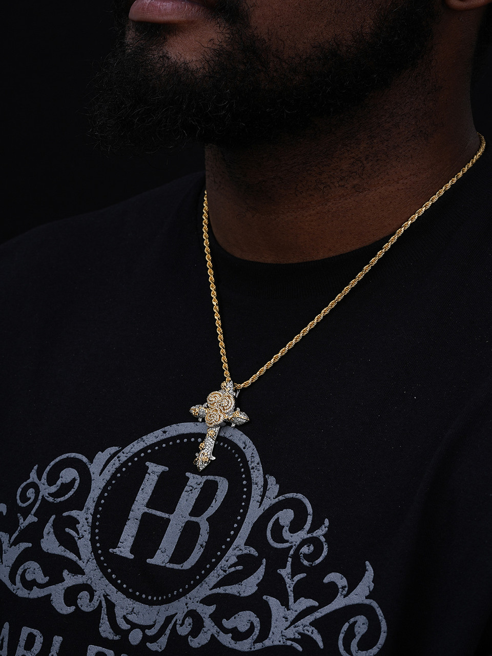 MOISSANITE Cross W. Rose Thorns Pendant Iced Necklace Real 925