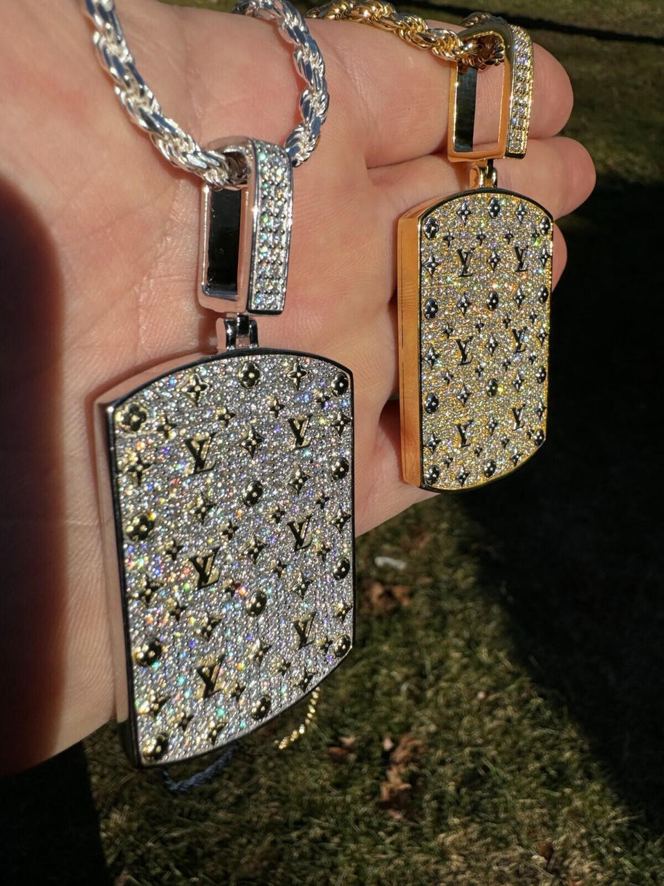 MOISSANITE Real 925 Silver Gold Louis Vuitton Iced Out Dog Tag