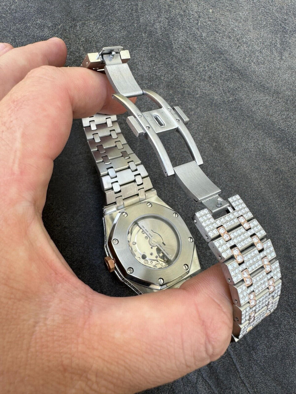 Real MOISSANITE Two Tone Gold Mens Auto Watch Iced Large Stones No