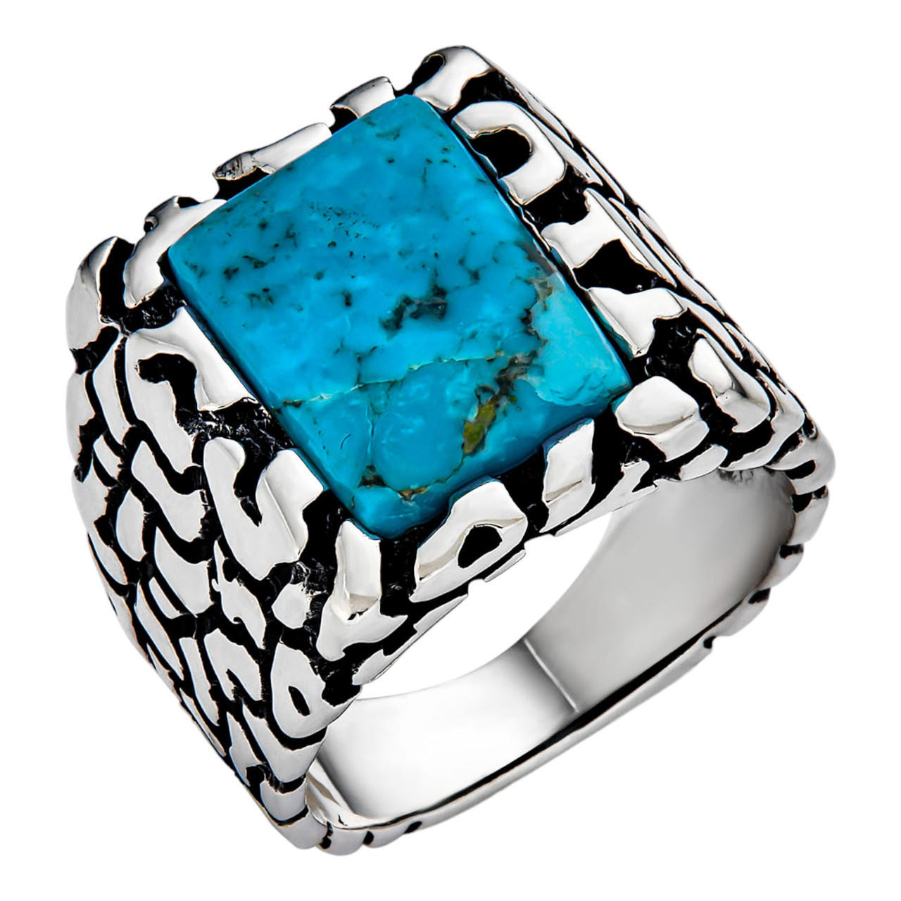 Natural Blue Turquoise Gemstone Mens Real Solid 925 Silver