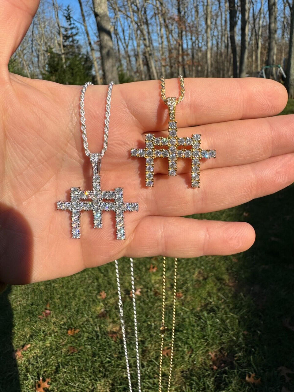 Moissanite Solid 925 Silver/Gold Plated Three Triple Cross Pendant