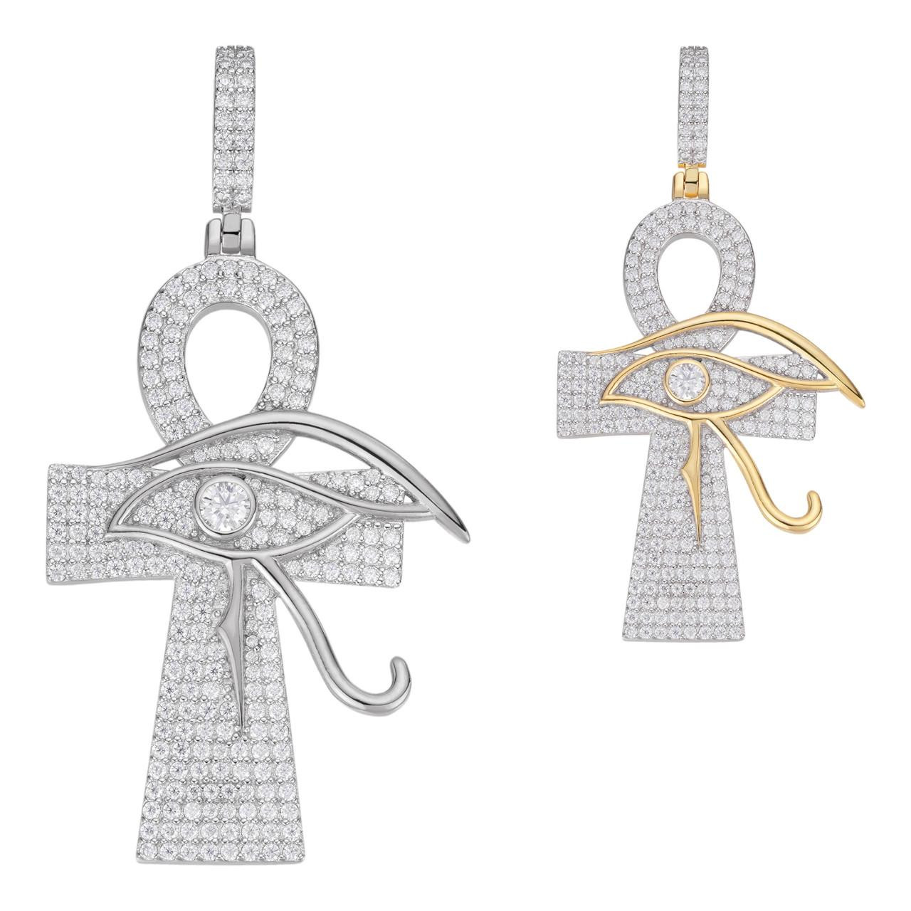 Moissanite Ankh Cross W. Eye Of Horus Pendant - Iced 925