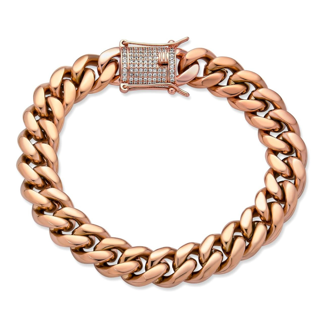 Miami Cuban Link Bracelet 1ct CZ Iced Clasp 14k Rose Gold Plated
