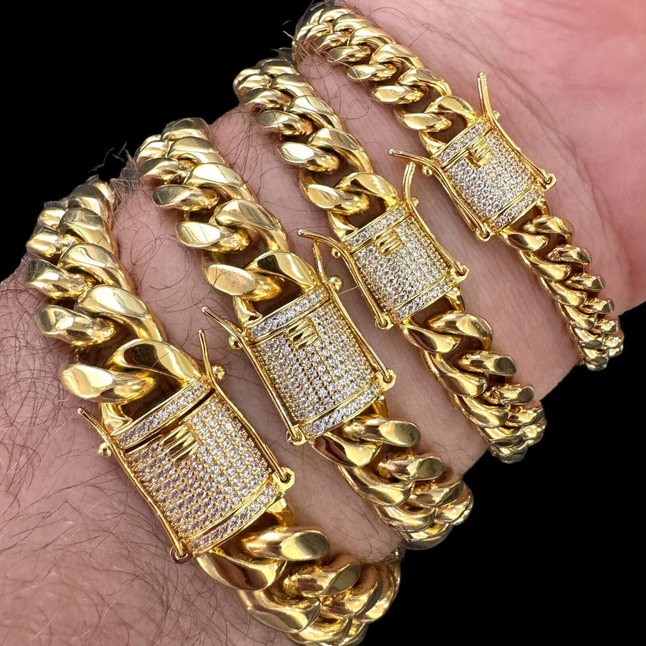 Miami Cuban Link Bracelet CZ Clasp 14k Gold Plated Stainless