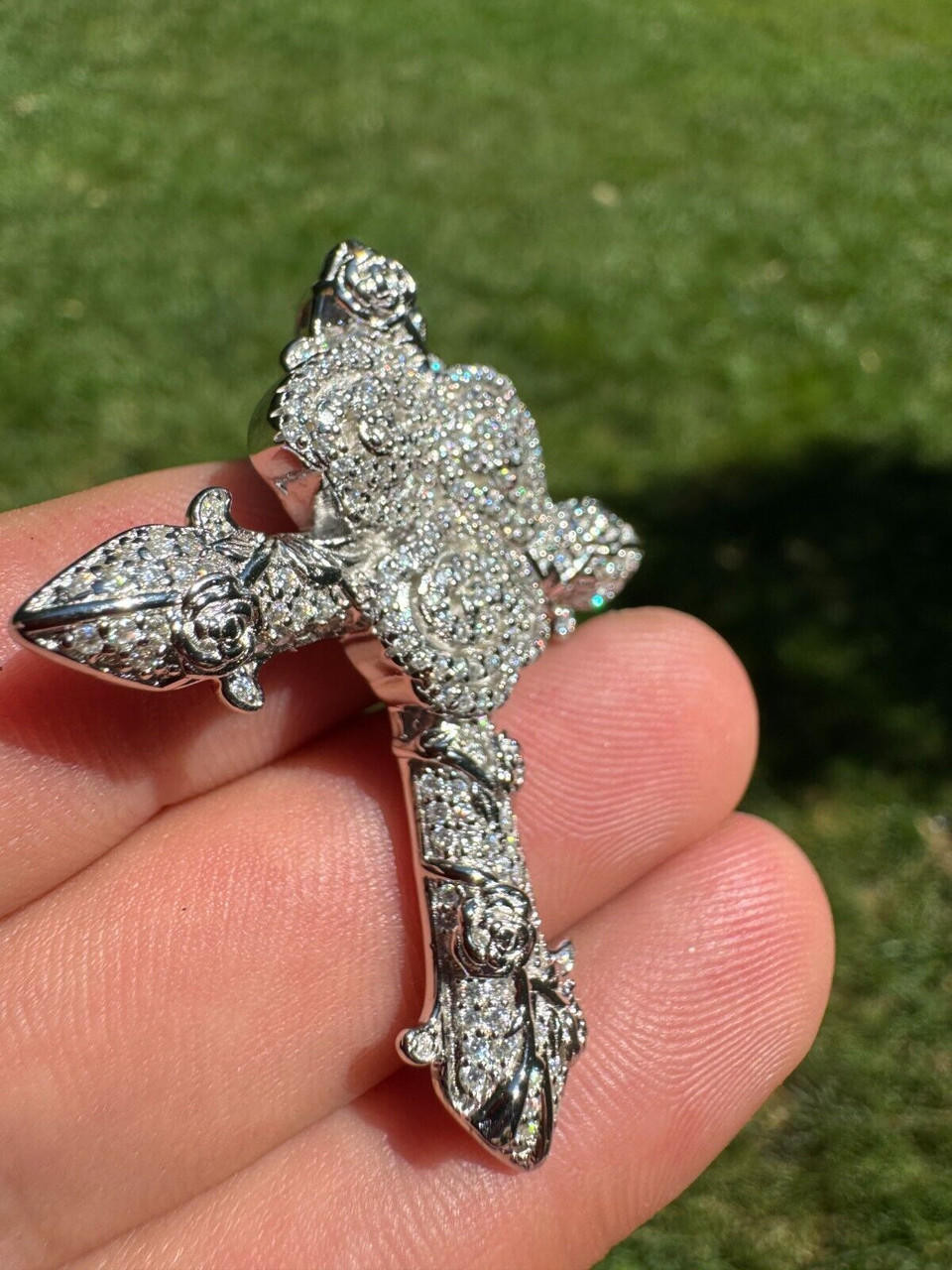 MOISSANITE Cross W. Rose Thorns Pendant Iced Necklace Real 925 Silver