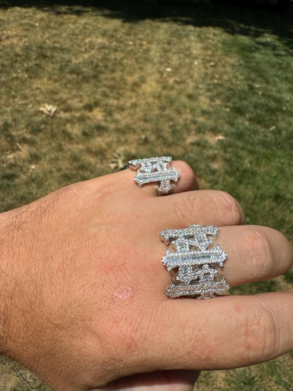 ①Own Light Mix Ring【#Casual】（Silver) MOISSANITE Iced Real Baguette Gothic Three Cross Ring Solid