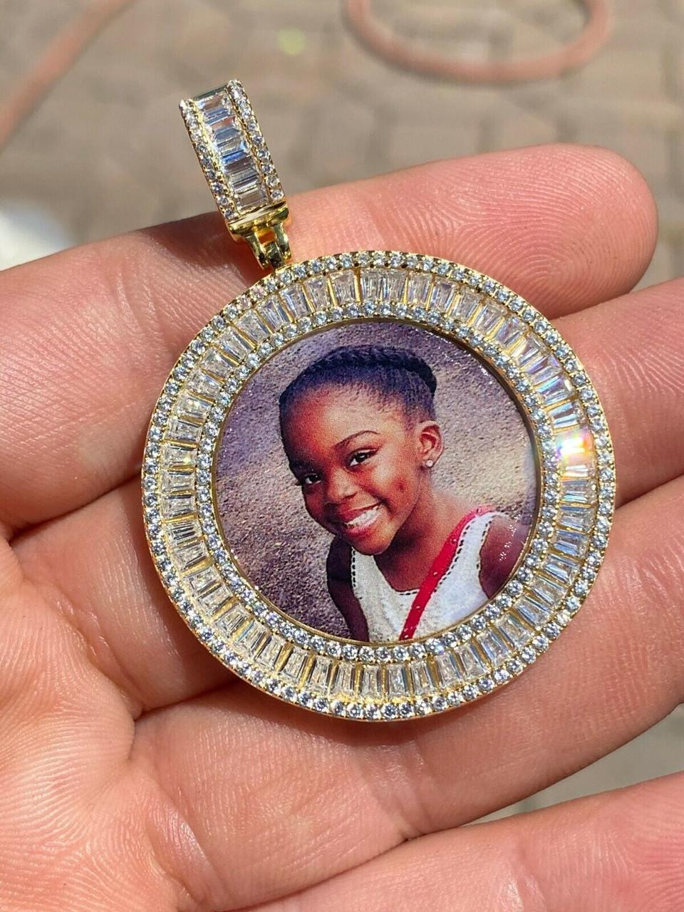 MOISSANITE Baguette Custom Photo Memory Pendant 14k Yellow/Rose