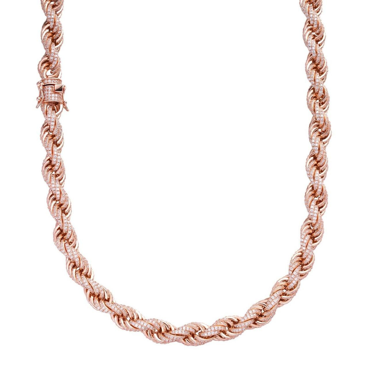 Rope Chain Necklace Iced Out CZ Stones 14k Rose Gold Vermeil 925