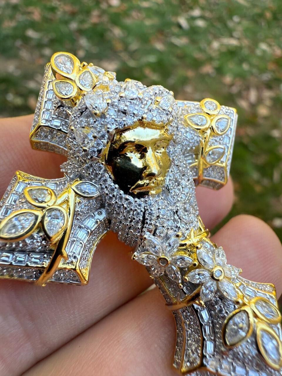 MOISSANITE 3D Cross Jesus Face Pendant Iced Necklace Real 925