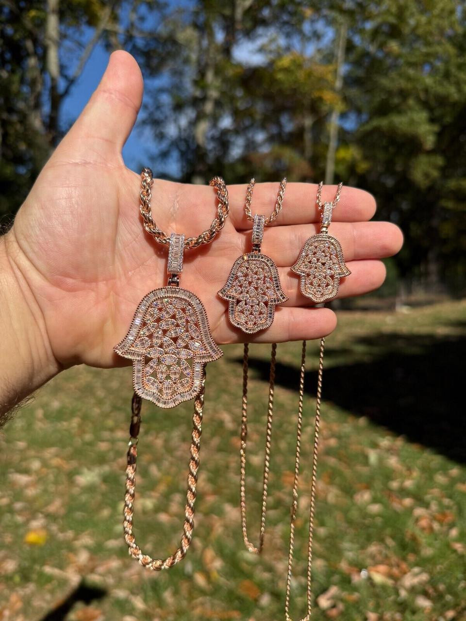 MOISSANITE 100 Evil Eyes Hamsa Hand Iced Out Pendant 14k Rose