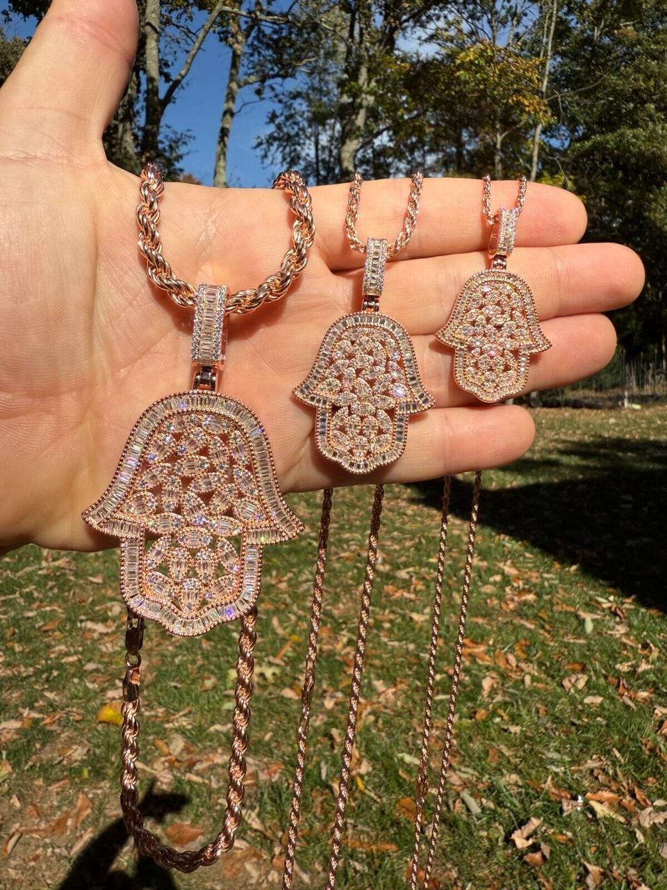 Rose Gold Small Hamsa Necklace MOISSANITE 100 Evil Eyes Hamsa Hand