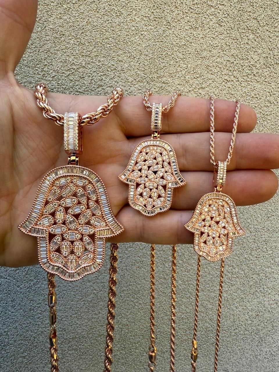 MOISSANITE 100 Evil Eyes Hamsa Hand Iced Out Pendant 14k Rose