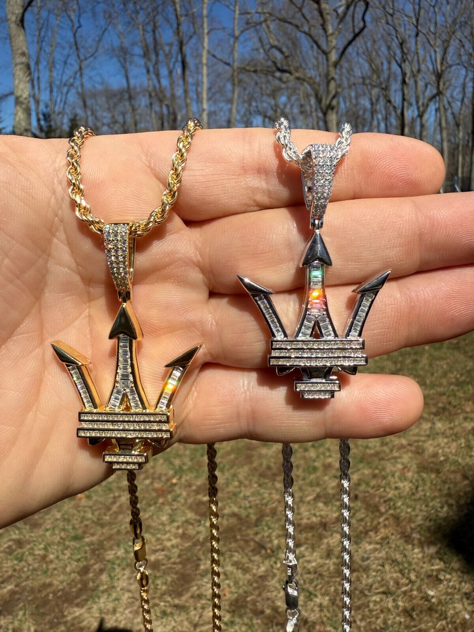 MOISSANITE Maserati Trident Pendant - 14k Gold Or 925 Silver