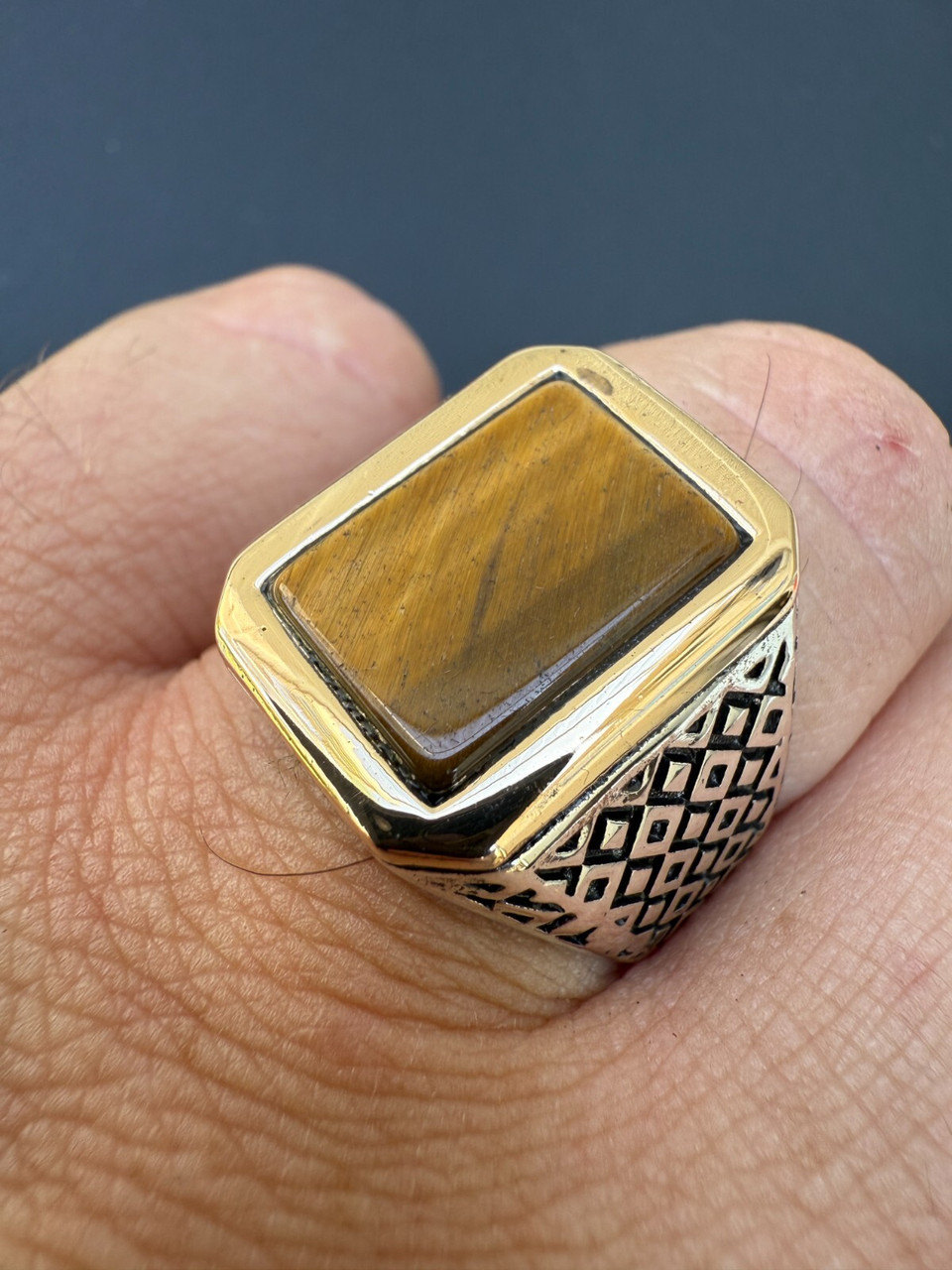 Mens Real Solid 925 Sterling Silver 10k Gold Tigers Eye Gemstone