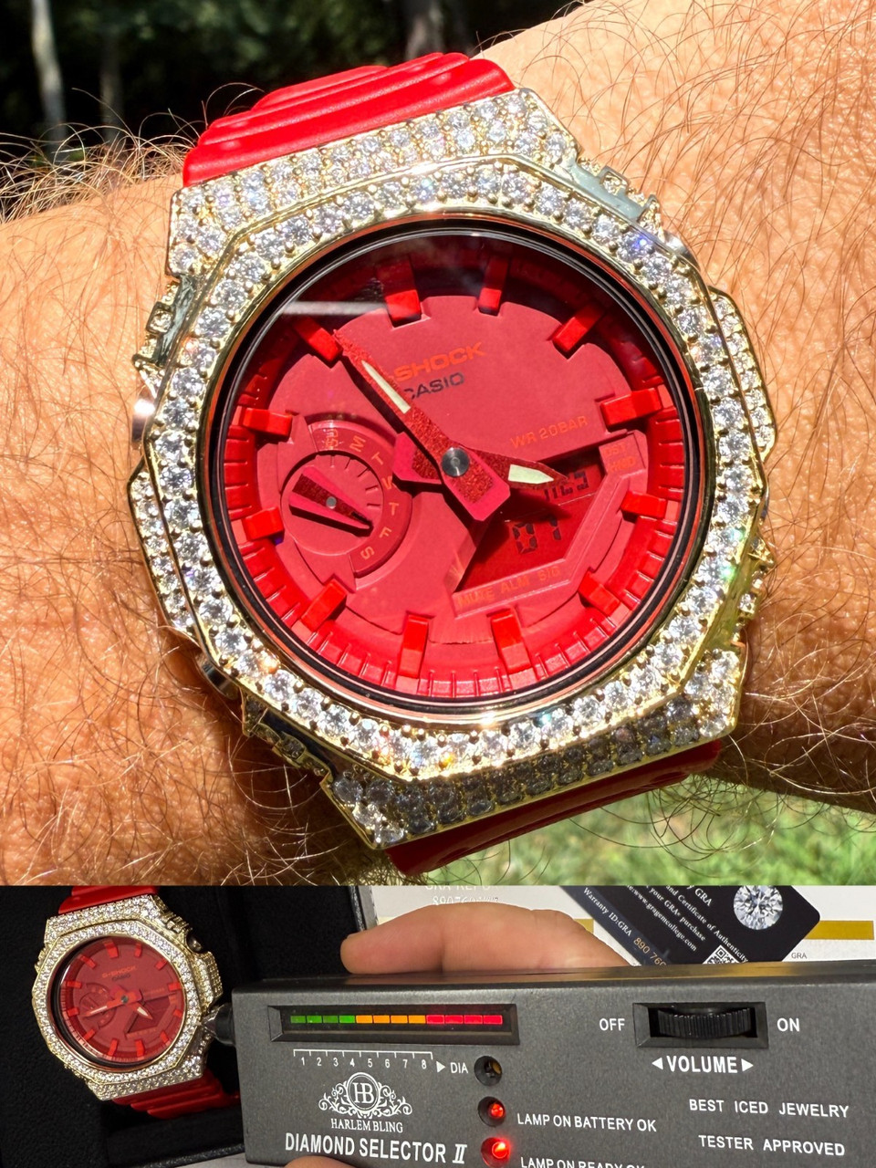 MOISSANITE Real 14k Gold Over 925 Silver Iced Red Casio G Shock