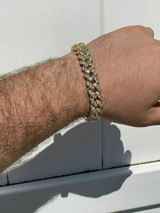 HarlemBling Mens Miami Icy Cuban Bracelet 10k Yellow Gold Over Real 925 Sterling Silver 12mm