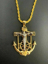 HarlemBling Mens 14k Gold Over Solid 925 Silver Jesus Crucifix and Anchor Piece and Rope Chain