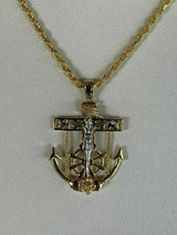 HarlemBling Mens 14k Gold Over Solid 925 Silver Jesus Crucifix and Anchor Piece and Rope Chain