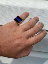 HarlemBling 14k Gold Over REAL Solid 925 Silver Ring Blue Lives Matter Thin Blue Line Police